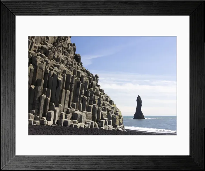 Framed Print : Basalt cliffs and rock stack, Halsenifs Hellir Beach, near Vik i Myrdal Framed Print : Basalt cliffs and rock stack, Halsenifs Hellir Beach, near Vik i Myrdal