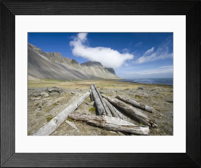 Framed Print : View towards cloud-topped volcanic mountains on the coast of Lon, east of Hofn Framed Print : View towards cloud-topped volcanic mountains on the coast of Lon, east of Hofn