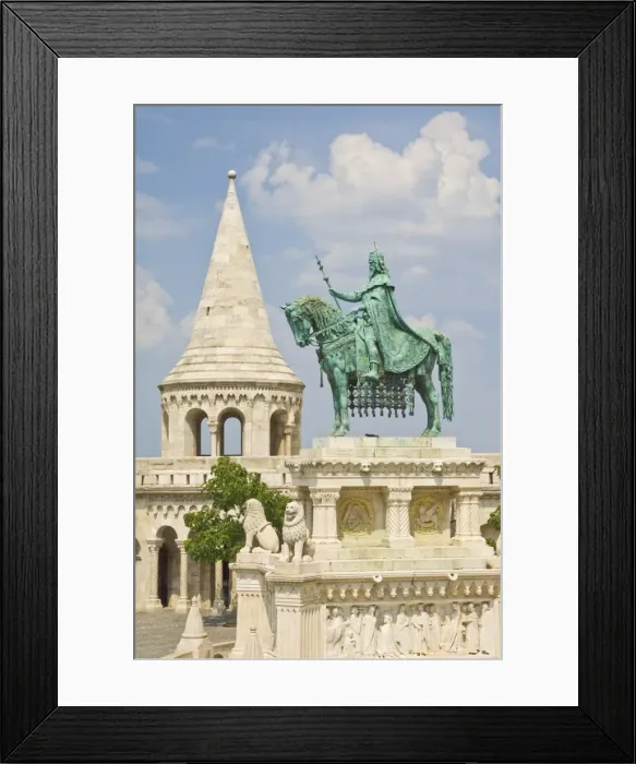 Framed Print : Equestrian statue of King Stephen with the towers and conical turrets of the neo-romanesque Fishermens Bastion, built by Frigyes Schulek in 1895, Budapest Framed Print : Equestrian statue of King Stephen with the towers and conical turrets of the neo-romanesque Fishermens Bastion, built by Frigyes Schulek in 1895, Budapest