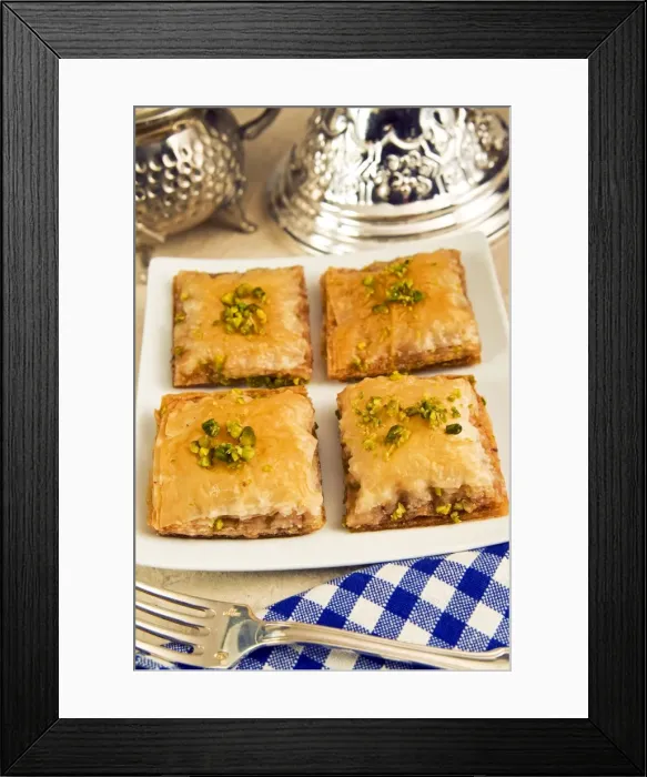Framed Print : Baklava, sweet pastry made of layers of filo pastry filled with chopped nuts Framed Print : Baklava, sweet pastry made of layers of filo pastry filled with chopped nuts