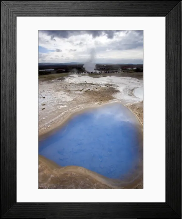 Framed Print : Blue water in geothermal pool with stream from Strokkur Geysir visible in the distance Framed Print : Blue water in geothermal pool with stream from Strokkur Geysir visible in the distance