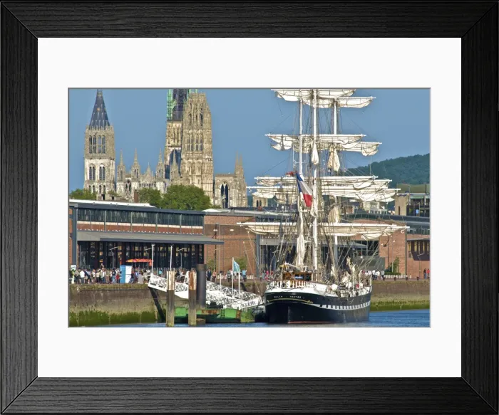 Framed Print : The Belem 3 masts sail boat, at Rouen, on the river Seine, in the background Notre Dame cathedral Framed Print : The Belem 3 masts sail boat, at Rouen, on the river Seine, in the background Notre Dame cathedral