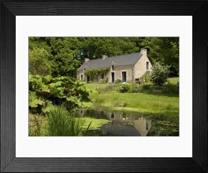 Framed Print : Ancient farm house and pond, granite walls and slate roof, Bubry village
