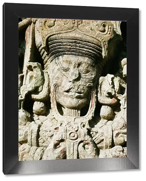 Close-up of Mayan statue, stelae B dating from 731 AD depicting Rabbit 18