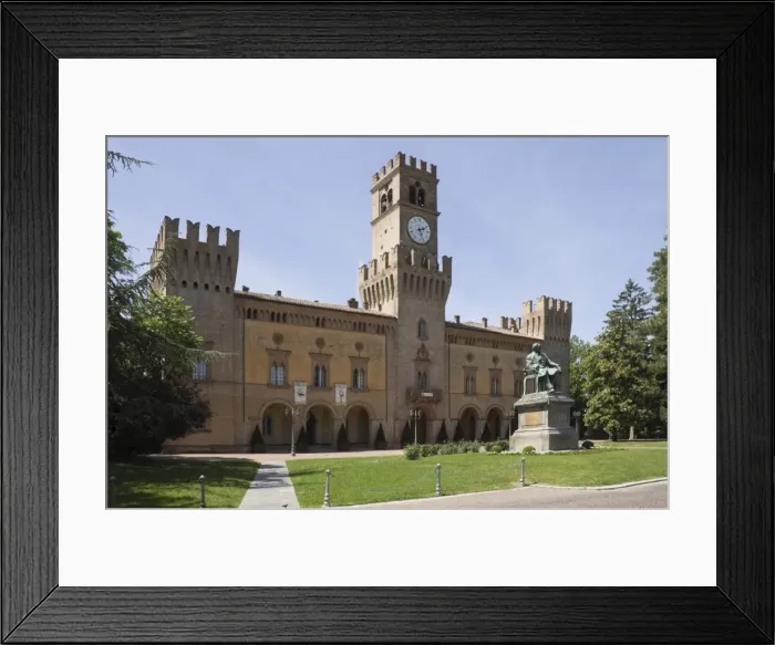 Framed Print : The Town Hall and statue of the composer Verdi, who lived in the town in 1824 Framed Print : The Town Hall and statue of the composer Verdi, who lived in the town in 1824