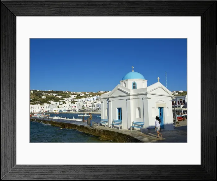 Framed Print : Blue church and old harbour, Mykonos Town, Chora, Mykonos Island, Cyclades Framed Print : Blue church and old harbour, Mykonos Town, Chora, Mykonos Island, Cyclades
