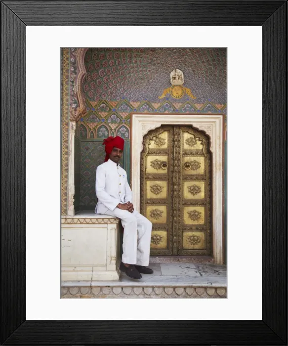 Framed Print : Palace guard sitting at Rose Gate in Pitam Niwas Chowk, City Palace, Jaipur Framed Print : Palace guard sitting at Rose Gate in Pitam Niwas Chowk, City Palace, Jaipur