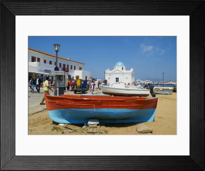 Framed Print : White chapel with blue dome, beach and boats, Hora, Mykonos, Cyclades, Greek Islands Framed Print : White chapel with blue dome, beach and boats, Hora, Mykonos, Cyclades, Greek Islands