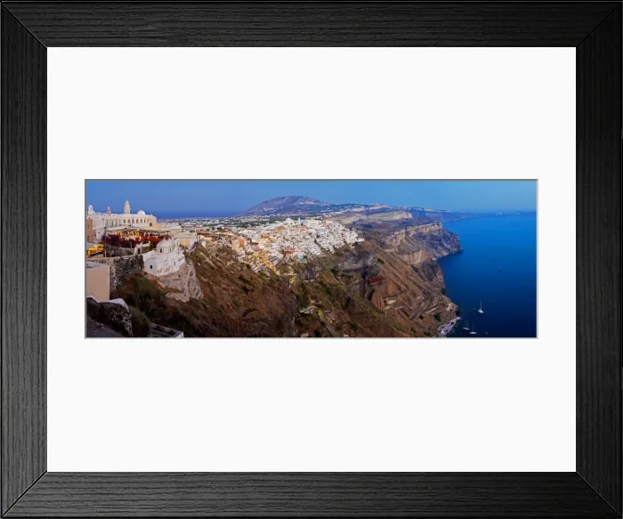 Framed Print : Elevated view over the volcanic landscape and main town of Fira, Santorini (Thira)