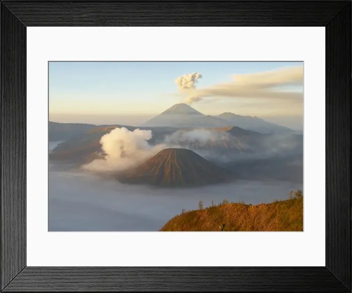 Framed Print : Mount Bromo, a volcano reaching 2392m, and Mount Semeru at 3676m early in the morning Framed Print : Mount Bromo, a volcano reaching 2392m, and Mount Semeru at 3676m early in the morning