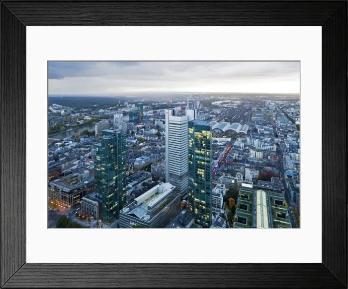 Framed Print : City centre from above at dusk, Frankfurt, Hesse, Germany, Europe