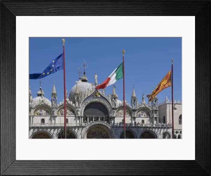 Framed Print : St. Marks with the flags of the EU, Italy, and the Venice Lion, St. Marks Square Framed Print : St. Marks with the flags of the EU, Italy, and the Venice Lion, St. Marks Square