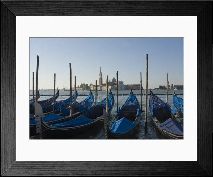 Framed Print : Moored gondolas and the island church of San Giorgio Maggiore, Venice, UNESCO World Heritage Site Framed Print : Moored gondolas and the island church of San Giorgio Maggiore, Venice, UNESCO World Heritage Site