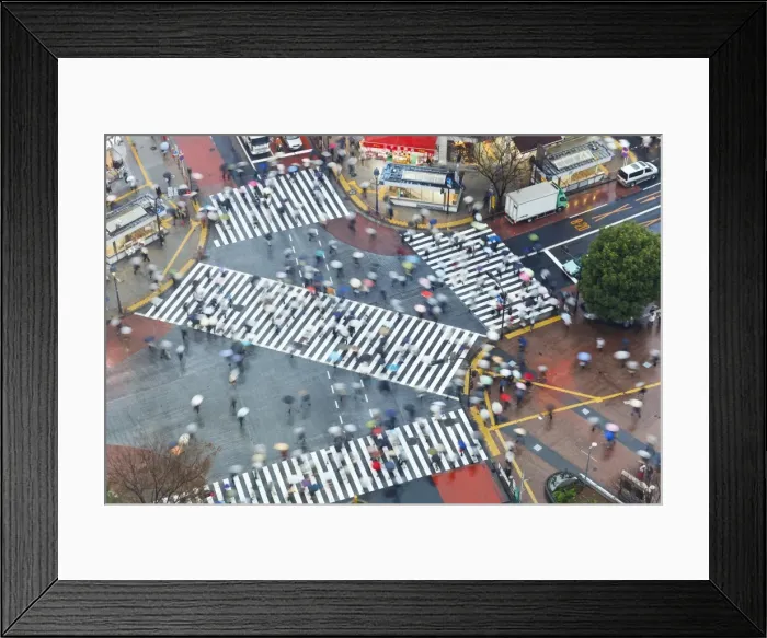 Framed Print : Aerial view of crowds crossing the famous Shibuya Crossing crosswalks at the centre of Shibuyas fashionable shopping and entertainment district, Shibuya, Tokyo Framed Print : Aerial view of crowds crossing the famous Shibuya Crossing crosswalks at the centre of Shibuyas fashionable shopping and entertainment district, Shibuya, Tokyo