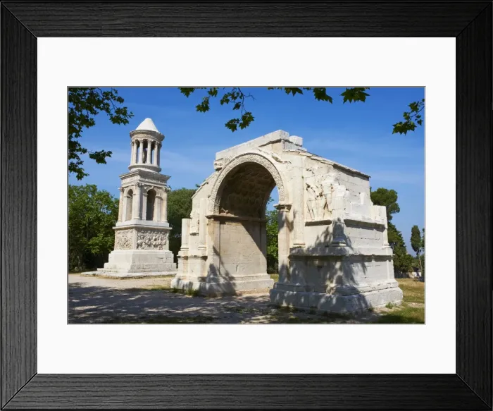 Framed Print : Arch of Triumph and the mausoleum of Jules, ancient Roman site of Glanum, St Framed Print : Arch of Triumph and the mausoleum of Jules, ancient Roman site of Glanum, St