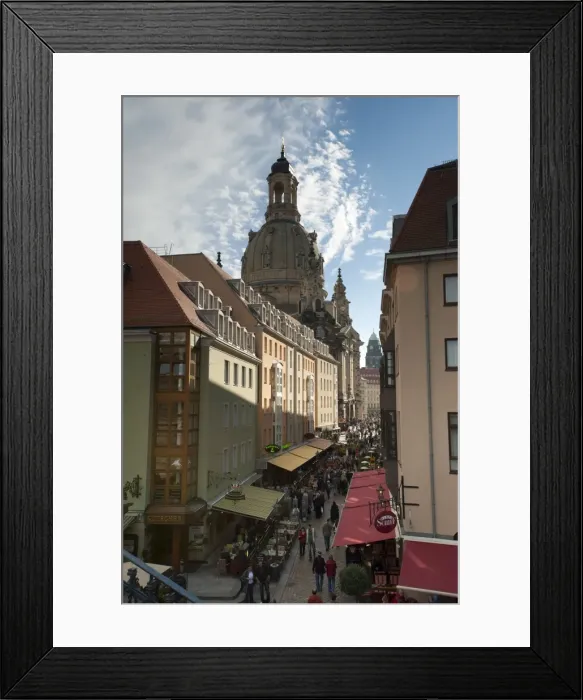 Framed Print : Frauenkirche looming over shopping area, Dresden, Saxony, Germany, Europe Framed Print : Frauenkirche looming over shopping area, Dresden, Saxony, Germany, Europe