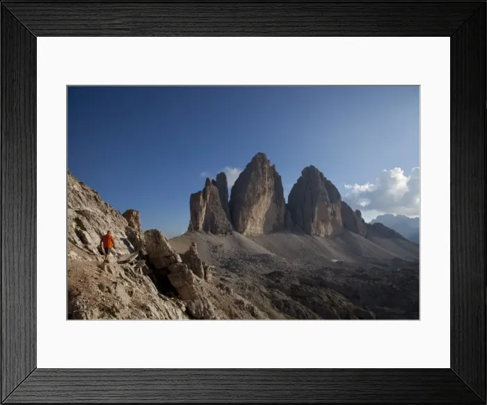 Framed Print : Hiking in front of Tre Cime di Lavaredo, Dolomites, eastern Alps, South Tyrol Framed Print : Hiking in front of Tre Cime di Lavaredo, Dolomites, eastern Alps, South Tyrol