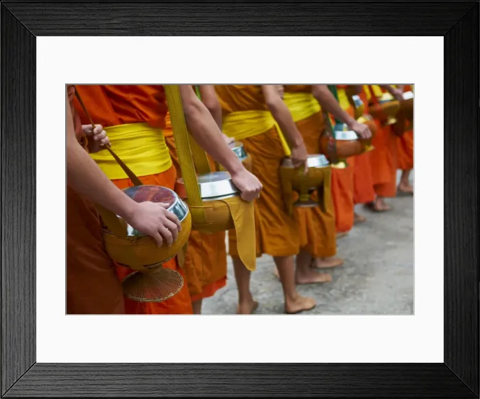 Framed Print : Procession of Buddhist monks collecting alms and rice at dawn, Luang Prabang Framed Print : Procession of Buddhist monks collecting alms and rice at dawn, Luang Prabang