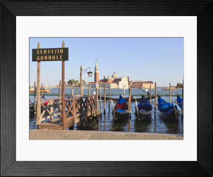 Framed Print : Gondolas moored on the Lagoon, San Giorgio Maggiore beyond, Riva degli Schiavoni Framed Print : Gondolas moored on the Lagoon, San Giorgio Maggiore beyond, Riva degli Schiavoni