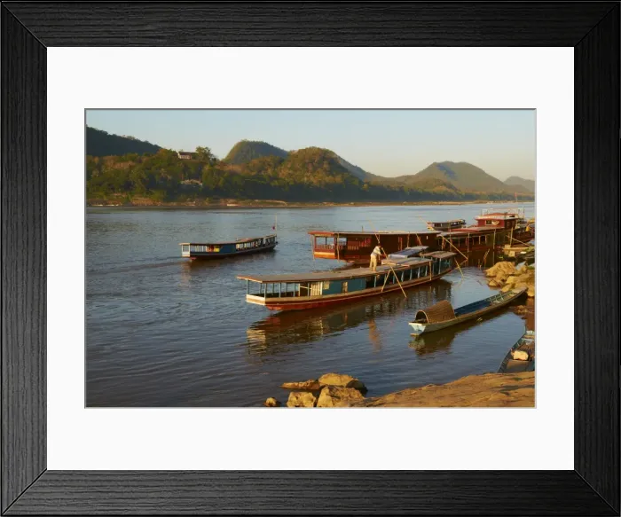 Framed Print : Tourist boats at sunset on the Mekong River, Luang Prabang, Laos, Indochina Framed Print : Tourist boats at sunset on the Mekong River, Luang Prabang, Laos, Indochina