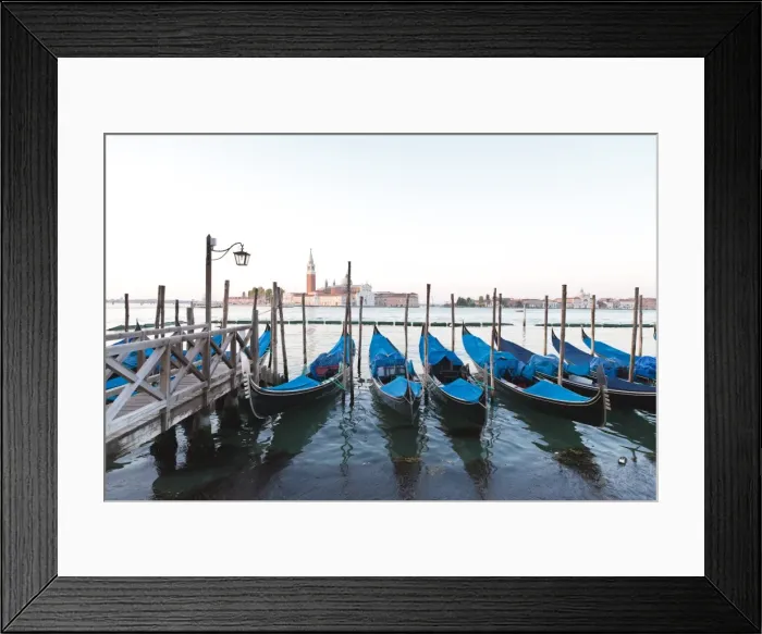 Framed Print : Gondolas moored on the Lagoon, San Giorgio Maggiore beyond, Riva degli Schiavoni Framed Print : Gondolas moored on the Lagoon, San Giorgio Maggiore beyond, Riva degli Schiavoni