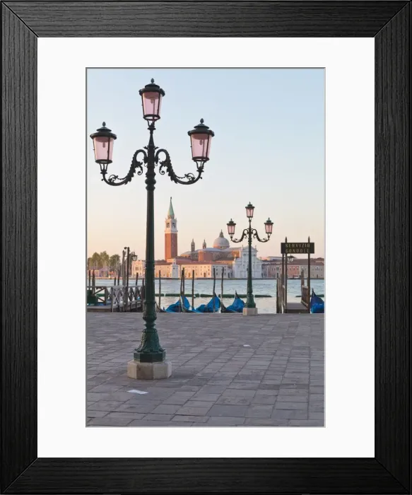 Framed Print : Gondolas moored on the Lagoon, San Giorgio Maggiore beyond, Riva degli Schiavoni Framed Print : Gondolas moored on the Lagoon, San Giorgio Maggiore beyond, Riva degli Schiavoni