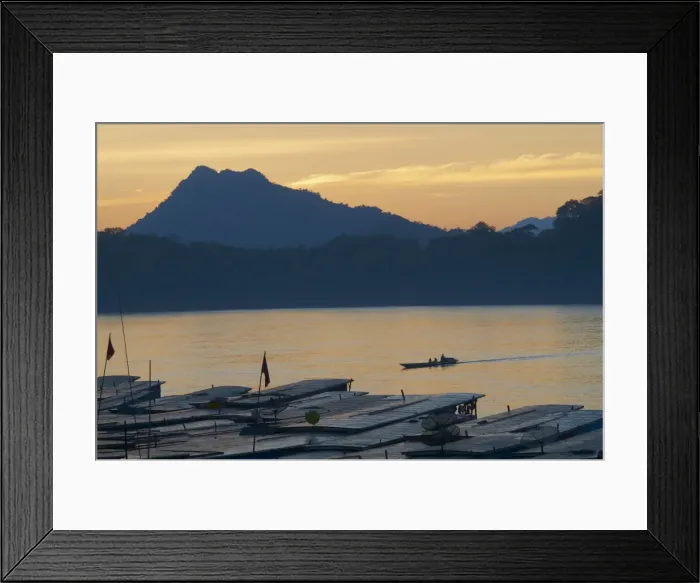 Framed Print : Tourist boats at sunset on the Mekong River, Luang Prabang, Laos, Indochina Framed Print : Tourist boats at sunset on the Mekong River, Luang Prabang, Laos, Indochina
