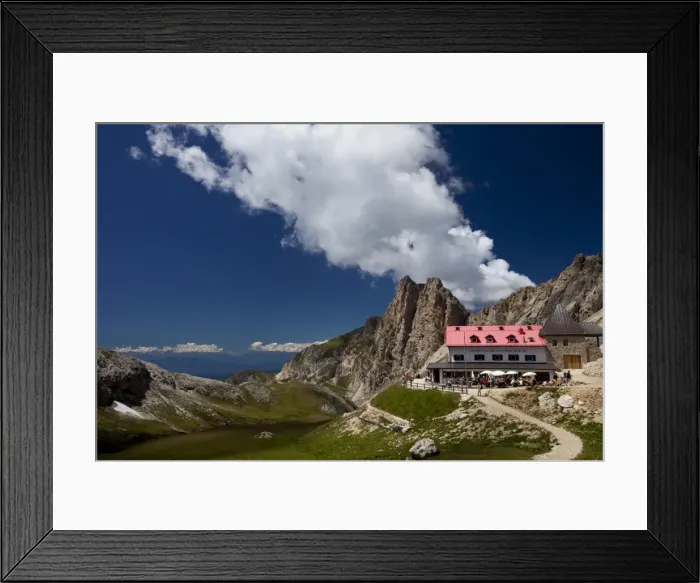 Framed Print : Tierser Alpl mountain hut, on the way from Schlern to the Rosengarten mountain range Framed Print : Tierser Alpl mountain hut, on the way from Schlern to the Rosengarten mountain range