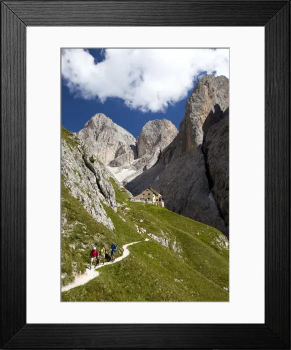 Framed Print : Trekkers and Bergamo alpine refuge, Rosengarten mountain range, Dolomites Framed Print : Trekkers and Bergamo alpine refuge, Rosengarten mountain range, Dolomites