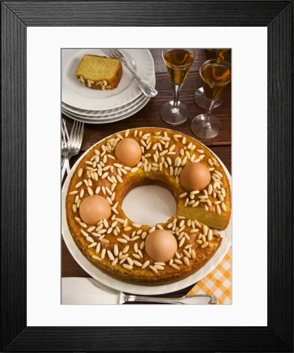 Framed Print : Ciambella marchigiana, a ring cake with pinenut filling and eggs, a traditional Italian cake for Easter, Marche Framed Print : Ciambella marchigiana, a ring cake with pinenut filling and eggs, a traditional Italian cake for Easter, Marche