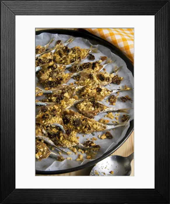 Framed Print : Sicilian style anchovies, with crushed almonds, raisin, grated bread, seeds of wild fennel Framed Print : Sicilian style anchovies, with crushed almonds, raisin, grated bread, seeds of wild fennel
