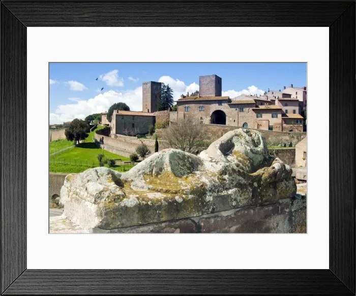Framed Print : View of Tuscania from Piazza Bastianini and Etruscan sarcophagus, Tuscania Framed Print : View of Tuscania from Piazza Bastianini and Etruscan sarcophagus, Tuscania