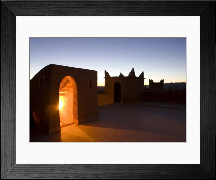 Framed Print : Roof terrace at dawn on a kasbah in the town of Nkob, with light glowing from the staircase Framed Print : Roof terrace at dawn on a kasbah in the town of Nkob, with light glowing from the staircase