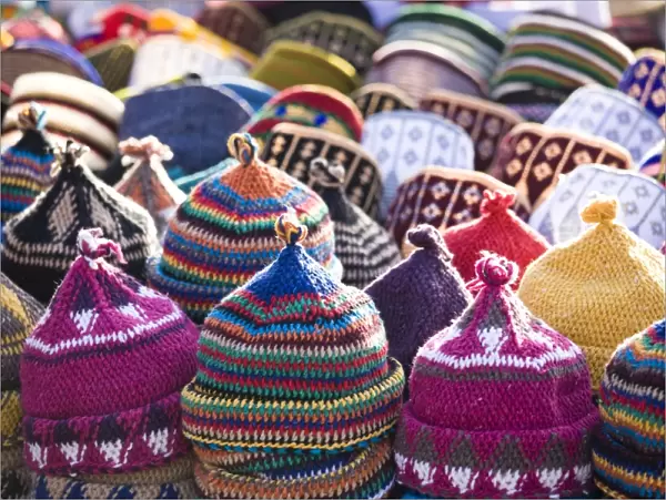 Display of handmade hats for sale in market in Rahba Kedima Square in the souks of Marrakech