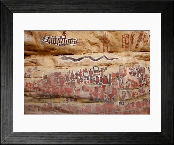 Framed Print : Sacred rock paintings on cliff depicting Dogon customs and stories in Songo Framed Print : Sacred rock paintings on cliff depicting Dogon customs and stories in Songo