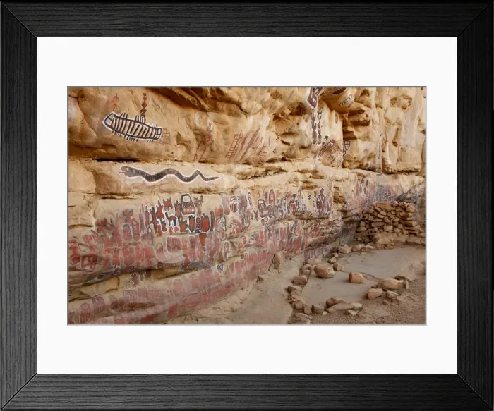 Framed Print : Sacred rock paintings on cliff depicting Dogon customs and stories in Songo Framed Print : Sacred rock paintings on cliff depicting Dogon customs and stories in Songo