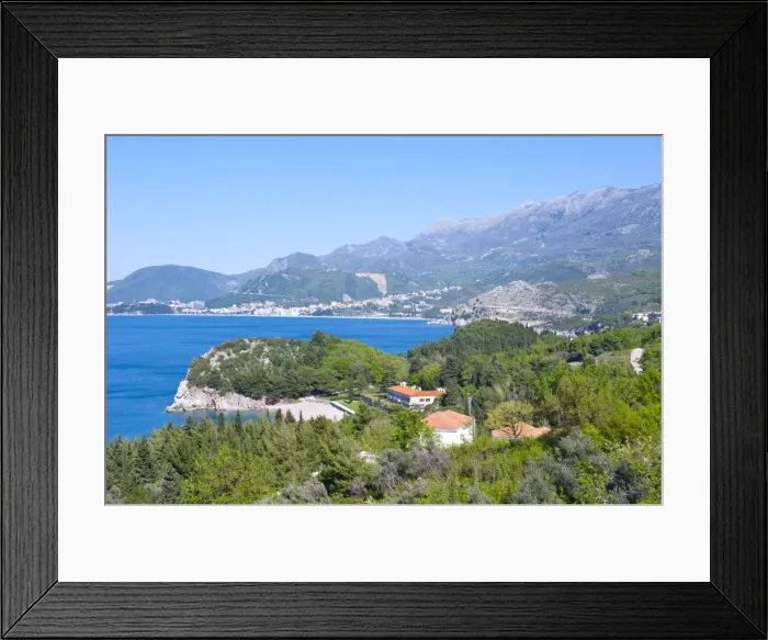 Framed Print : View of the coast from Sveti Stefan, seaside resort in western Montenegro, Europe Framed Print : View of the coast from Sveti Stefan, seaside resort in western Montenegro, Europe