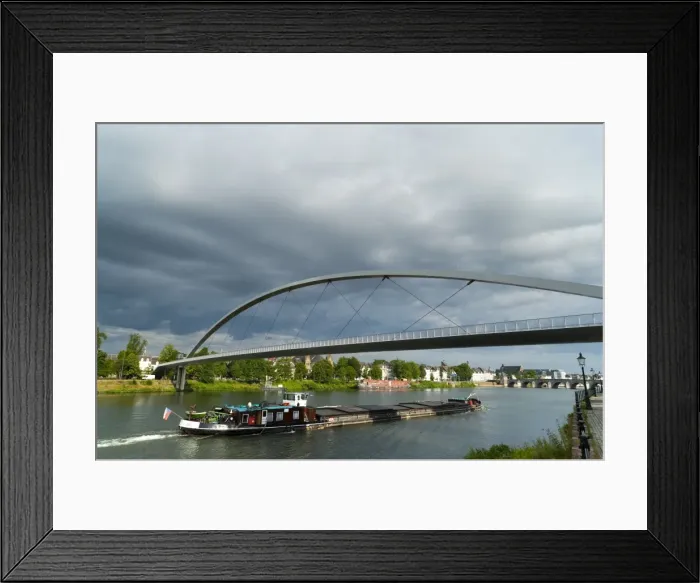 Framed Print : Barge under the Hoger Brug (Higher Bridge) on the River Ms, Mstricht