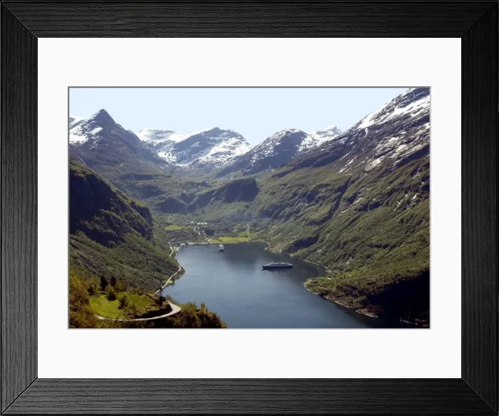 Framed Print : Cruise ships at head of Geiranger Fjord, UNESCO World Heritage Site, with the Dalsnibba snow peaks beyond, seen from the Eagles Nest viewpoint on the Ornevegen road, west coast, Norway Framed Print : Cruise ships at head of Geiranger Fjord, UNESCO World Heritage Site, with the Dalsnibba snow peaks beyond, seen from the Eagles Nest viewpoint on the Ornevegen road, west coast, Norway