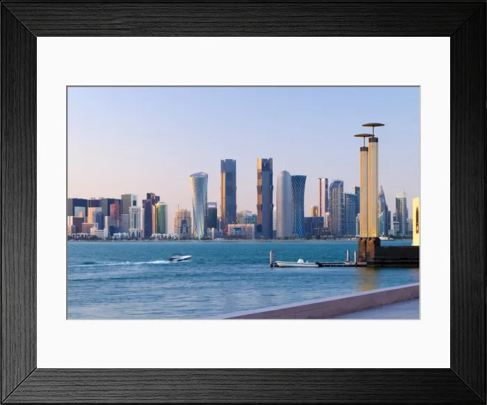 Framed Print : Al Bidda Tower, Palm Tower West, Burj Qatar and Tornado Tower from Museum of Islamic Art Framed Print : Al Bidda Tower, Palm Tower West, Burj Qatar and Tornado Tower from Museum of Islamic Art