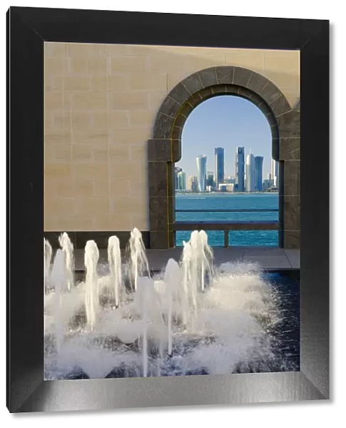 City skyline, Al Bidda Tower, Palm Tower West, Burj Qatar and Tornado Tower from Museum of Islamic Art, Doha, Qatar