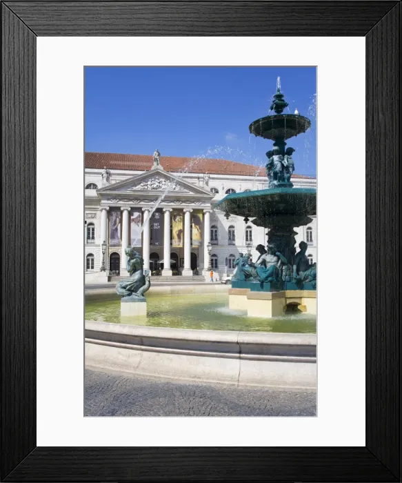 Framed Print : Fountain and National Theatre on Praca Dom Pedro, Rossio District, Lisbon Framed Print : Fountain and National Theatre on Praca Dom Pedro, Rossio District, Lisbon