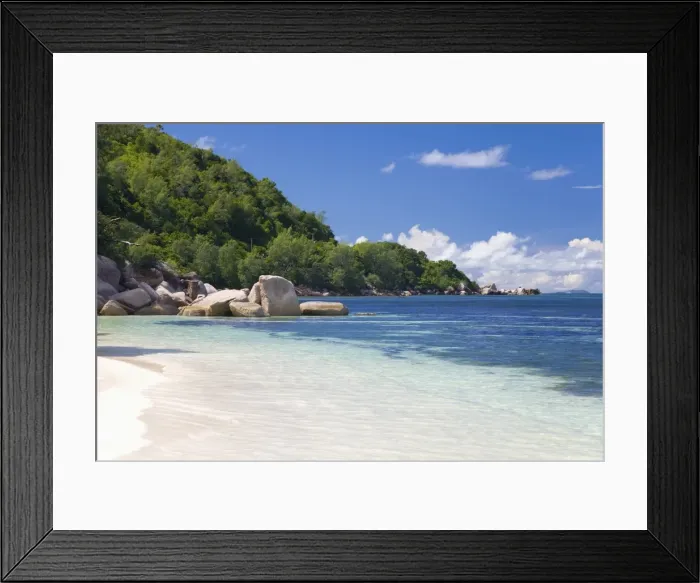 Framed Print : View to Pointe Cocos from the beach at Anse Bois de Rose, Grand Anse Praslin district Framed Print : View to Pointe Cocos from the beach at Anse Bois de Rose, Grand Anse Praslin district