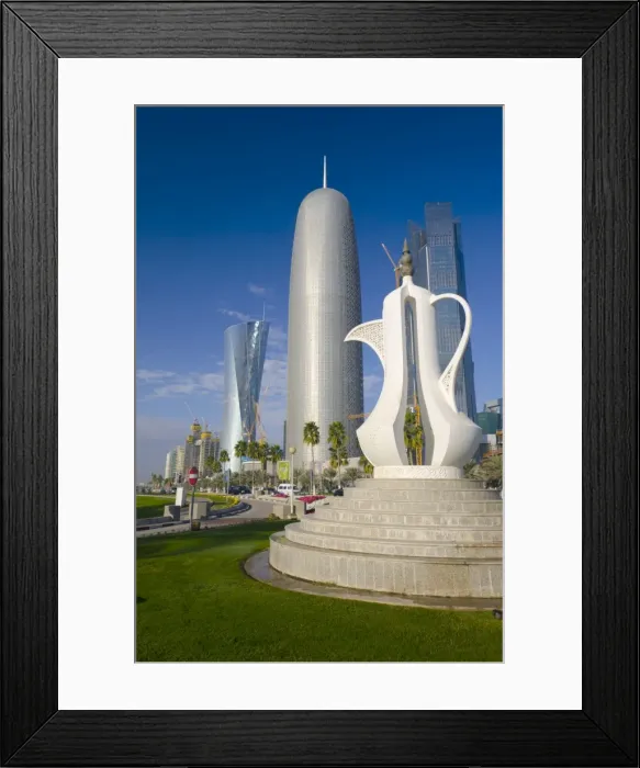 Framed Print : Corniche, Coffee Pot sculpture with Al Bidda Tower, Burj Qatar and Palm Tower behind Framed Print : Corniche, Coffee Pot sculpture with Al Bidda Tower, Burj Qatar and Palm Tower behind