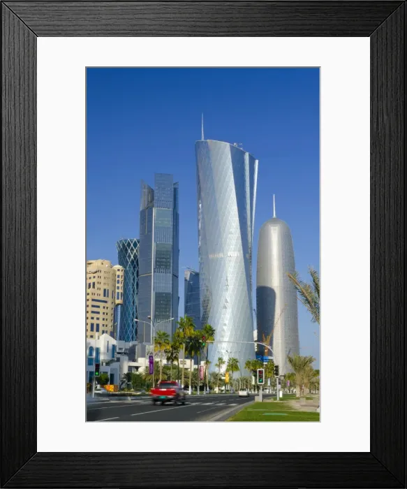 Framed Print : Skyscrapers on skyline, left to right Palm Tower, Al Bidda Tower and Burj Qatar Framed Print : Skyscrapers on skyline, left to right Palm Tower, Al Bidda Tower and Burj Qatar