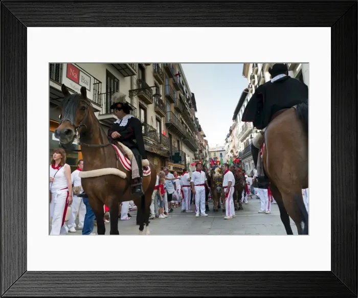 Framed Print : Parade of bullfight horsemen and mules, San Fermin festival, Pamplona, Navarra (Navarre) Framed Print : Parade of bullfight horsemen and mules, San Fermin festival, Pamplona, Navarra (Navarre)