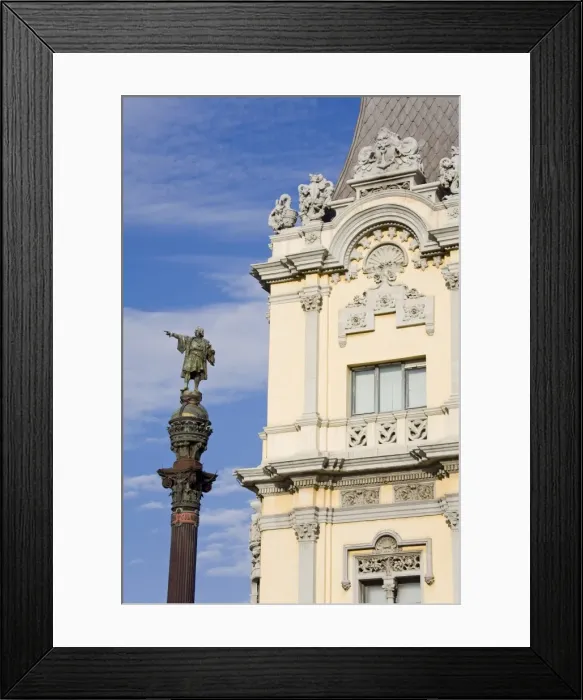 Framed Print : Port building and Columbus Monument, Port Vell District, Barcelona, Catalonia Framed Print : Port building and Columbus Monument, Port Vell District, Barcelona, Catalonia