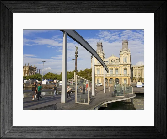 Framed Print : Rambla Del Mar bridge and Port Authority building, Port Vell District, Barcelona Framed Print : Rambla Del Mar bridge and Port Authority building, Port Vell District, Barcelona