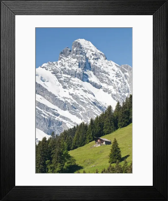 Framed Print : Jungfrau massif and Swiss chalet near Murren, Jungfrau Region, Switzerland, Europe Framed Print : Jungfrau massif and Swiss chalet near Murren, Jungfrau Region, Switzerland, Europe