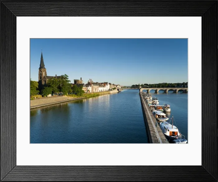 Framed Print : St. Maartenskerk (St. Martin Church) and St. Servatius Bridge wharf on the River Ms Framed Print : St. Maartenskerk (St. Martin Church) and St. Servatius Bridge wharf on the River Ms